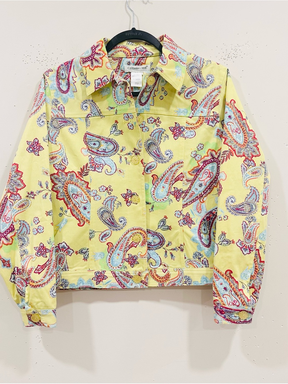 Coldwater Creek Paisley Denim Jacket Women PS Yellow Cotton Stretch NWT